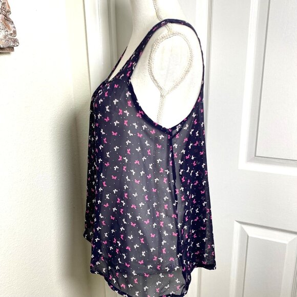 Daisies Pink White Ribbon Bow Printed Sheer Swing Navy Tank Size Medium - Picture 2 of 10